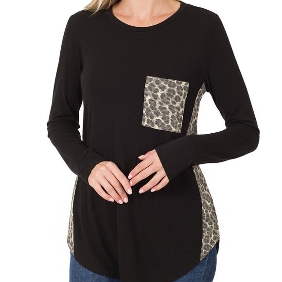 Leopard Contrast Long Sleeve Top – Black Soft Knit Casual Tee | NWT S-XL - Picture 1 of 7